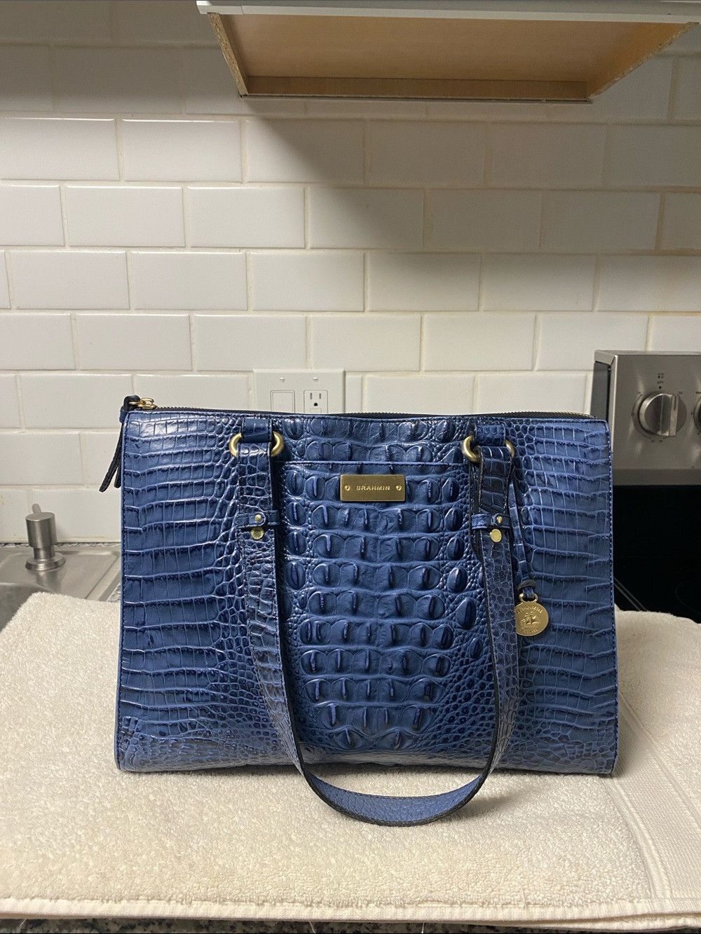 Brahmin Navy Croc-Embossed Leather Tote with Gold Hardware